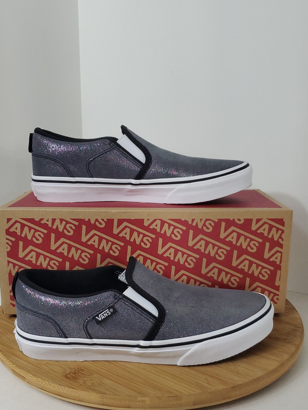 Vans Asher Slip-On Kids Sneakers Shimmer Black Size 5 NIB
